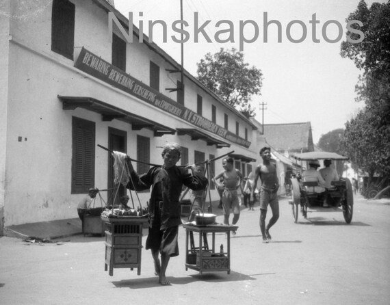 Street Food Vendor in Surabaya, Java, Indonesia by J. Dearden Holmes, 1920s antique photo reprint, Southeast Asia