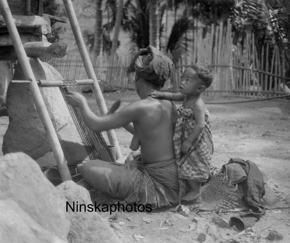 Batak Weaving - Woman and Child - Village near Lake Toba - Sumatra, Indonesia - 1925 - Fine Art Antique Photo Print - Vintage Photo
