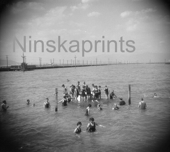 Swimming in Salt Lake, Saltair, Salt Lake City, Utah, United States, 1920s antique photo reprint