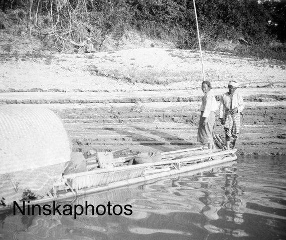 On the Irrawaddy River - Locals on River Raft - Burma Myanmar - 1925 - Fine Art Antique Photo Print - Vintage Photo - 638