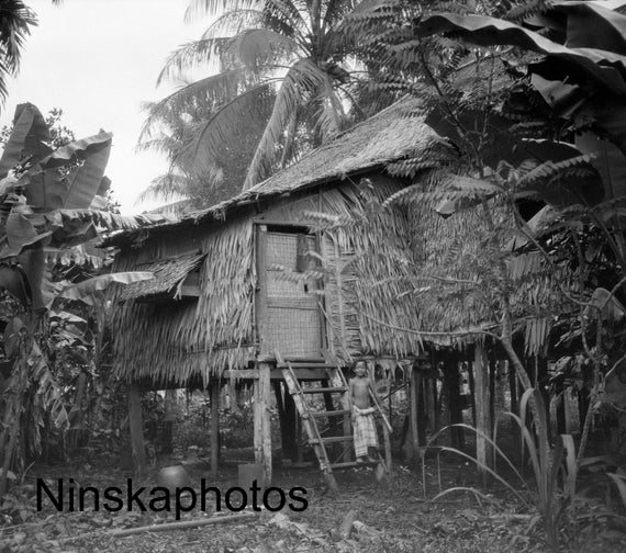 Kuching, Sarawak - A Malay Hut, Borneo, Malaysia by J. Dearden Holmes, 1920s antique photo reprint