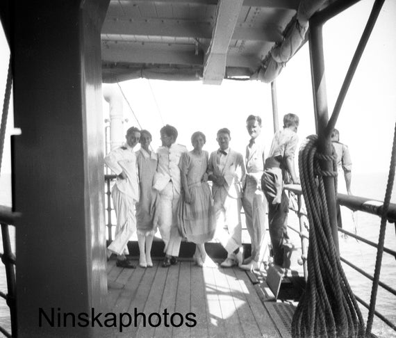 Passengers aboard the S.S. Egra from Madras to Myanmar, Burma, Asia, 1920s antique photo reprint, Black and White, Wall Decor