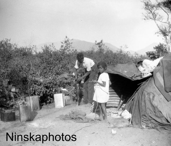 Aboriginal Camp in Cairns, Australia by J. Dearden Holmes, 1920s antique photo reprint, Aboriginal Australians, Vintage Photography