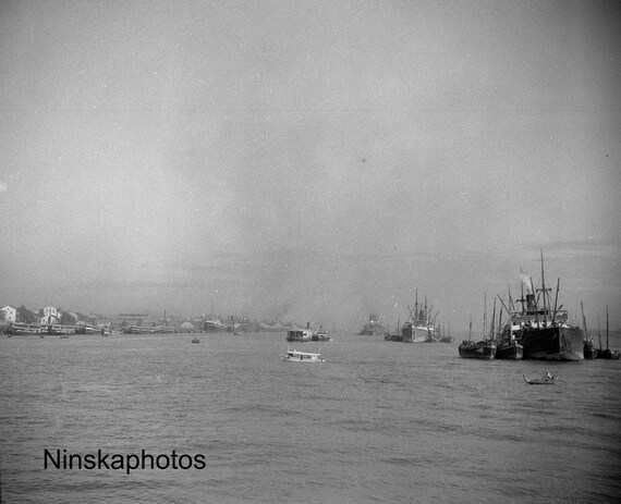 1920s Rangoon Harbour Burma Myanmar Ship 1920s Antique Photo reproduction, Vintage Photography Black and White