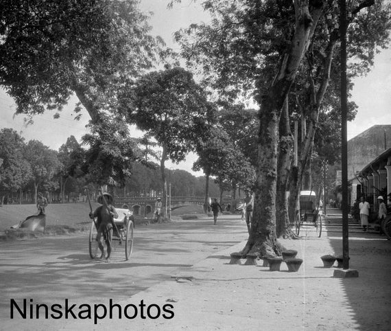 Phnom Penh Avenue by the Canal - Street Scene - Rickshaw - Cambodia - 1925 - Fine Art Antique Photo Print - Vintage Photo - 4027