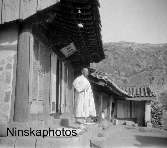 1920s Priest at the White Buddha, South Korea - 1920s antique photo reproduction, Vintage Photography BNW