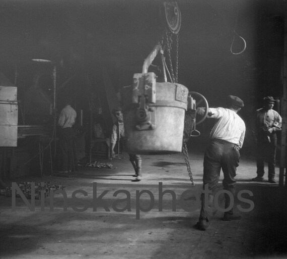Fordson Foundry - Transferring a crucible, Ford Factory, Highland Park, Detroit, Michigan, United States, 1920s antique photo reprint