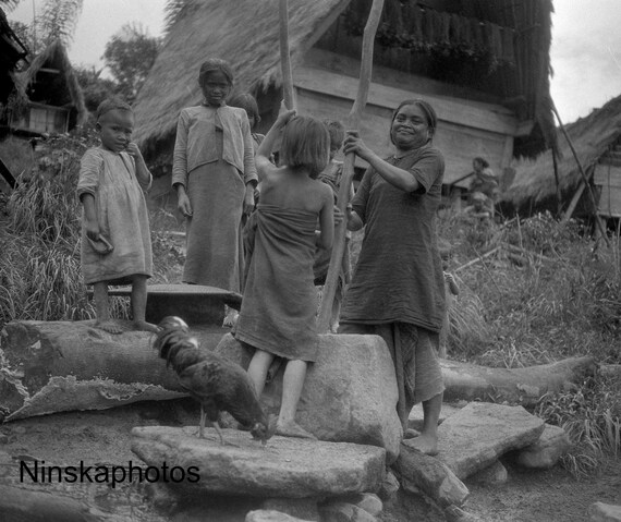 Lake Toba Fishing Village - Women Pounding Rice - Sumatra, Indonesia - 1925 - Fine Art Antique Photo Print - Vintage Photo