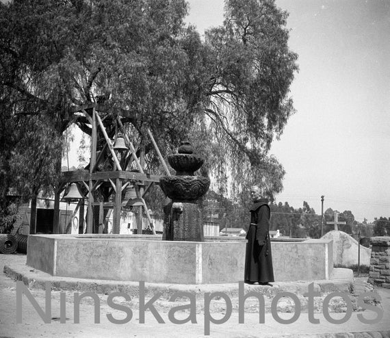 Santa Barbara Mission, Priest by the Fountain, United States, 1920s antique photo reprint - Wall Decor - Christianity