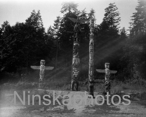 Totem Poles in Stanley Park, Vancouver, Canada, 1920s antique photo reprint, native american photography