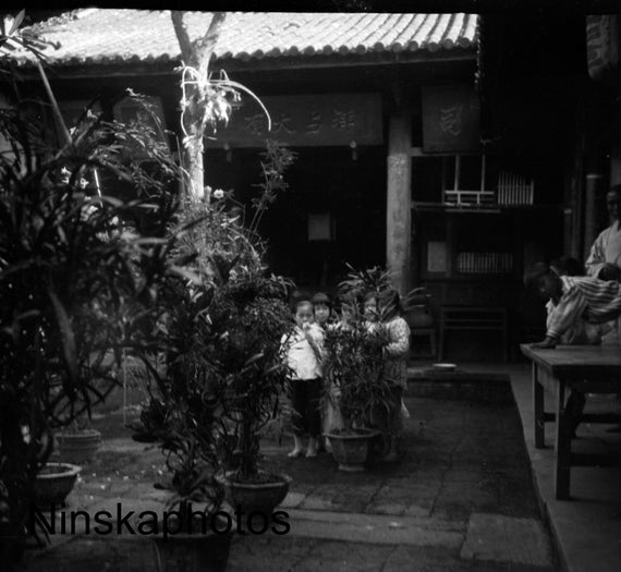 Children in Chinese Joss House in Bhamo, Myanmar, Burma, Asia, 1920s antique photo reprint, Black and White, Wall Decor, Temple