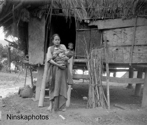 Woman and Children in Fishing Village near Lake Toba - Sumatra, Indonesia - 1925 - Fine Art Antique Photo Print - Vintage Photo