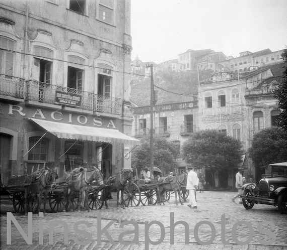 Salvador, Bahia, Brazil, Street Scene - Horses and Carts and Automobiles, 1920s antique photo reprint, North Brazil, Brazilian History