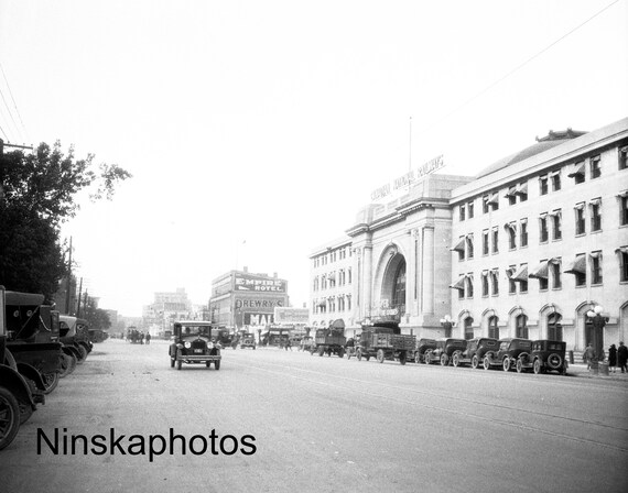 1926 Winnipeg, Canada, Main Street & C.N.R. Railway Station, 1920s antique photo reprint, Architecture, Monochrome Wall Decor, Locomotive