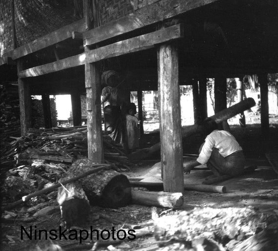 1925 Children under Burmese Hut in Hsinbo, on the Irrawaddy, Myanmar, Burma by J. Dearden Holmes, Asia, 1920s antique photo reprint