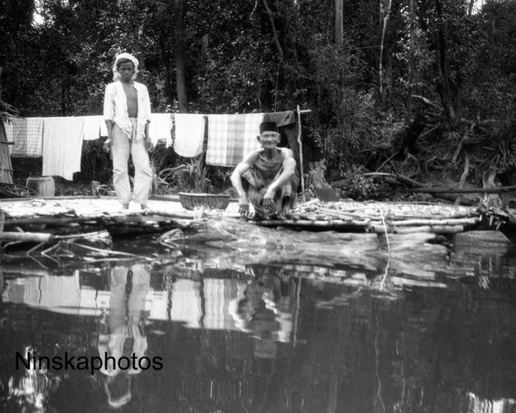 Locals along the Barito River, Koeala Lotek, Borneo, Indonesia - 1925 - Fine Art Antique Photo Print - Vintage Photo - 2954