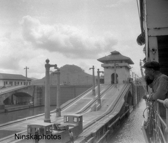 Panama Canal - Locomotive on the Lock - Trip on the S.S. Orbita - Panama 1927 - Fine Art Antique Photo Print - Vintage Photo - BNW