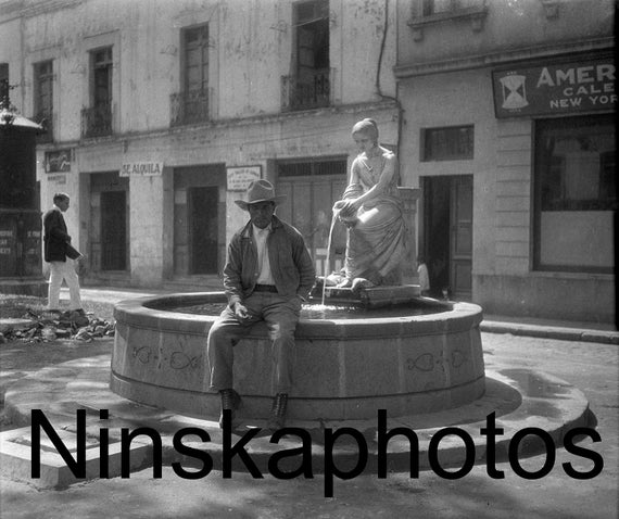 Mexico City, Man sat on a Street Fountain 1920s antique photo reprint, Local History, Vintage Photo, Mexico, Photo History