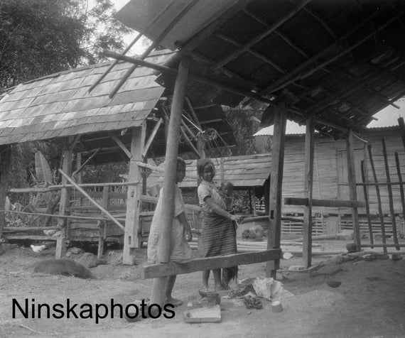 Balige - Girls with Baby near Hut - Rural Sumatra - Indonesia - 1925 - Fine Art Antique Photo Print - Vintage Photo - 3477