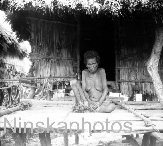 1920s Papua New Guinea, Old Woman in Front of her Hut, antique photo reprint, wall decor, home decor, black and white photography