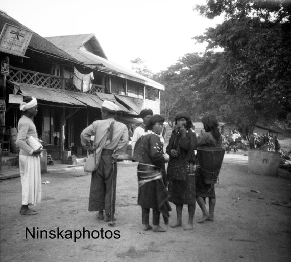 Kachin Girls, Bhamo Street Scene, Myanmar, Burma, Asia, 1920s antique photo reprint, Black and White, Wall Decor