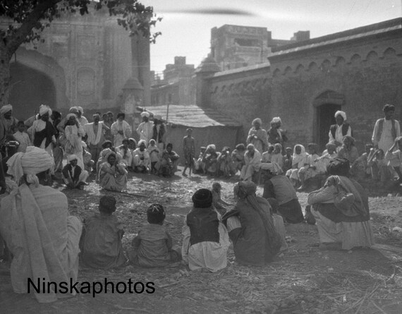 Performing Monkey, Street Scene in Amritsar, Punjab by J. Dearden Holmes, 1920s antique photo reprint, India,