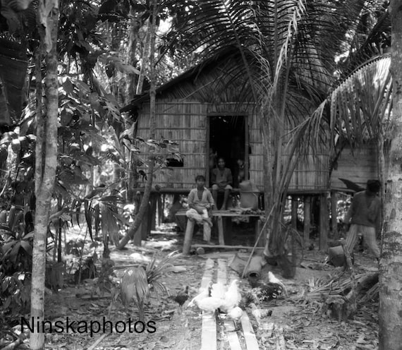 Dayak Family at home in Mandomai, Kalimantan, Borneo, Indonesia - 1925 - Fine Art Antique Photo Print - Vintage Photo - 3002
