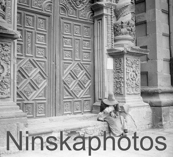 San Luis Potosi, Beggar at Church Door, 1920s antique photo reprint, Local History, Vintage Photo, Mexico, Photo History