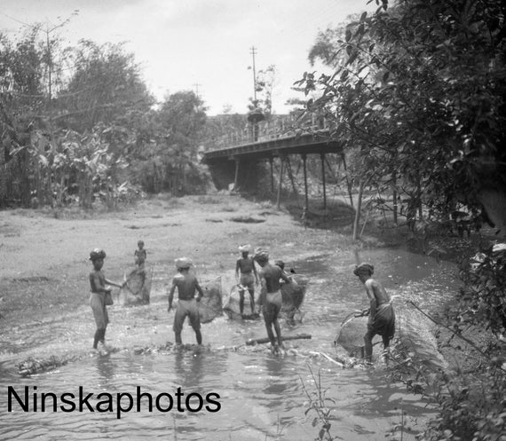 Fishing in the River - Village Market near Yogyakarta - Java - Indonesia - 1925 - Fine Art Antique Photo Print - Vintage Photo