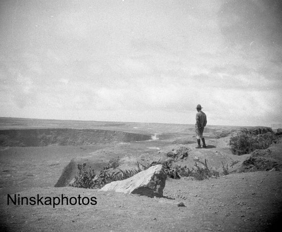 Kilauea Volcano - Man standing at Crater - Hawaii - Volcanology - United States - 1926 - Fine Art Antique Photo Print - Vintage Photo - 5276