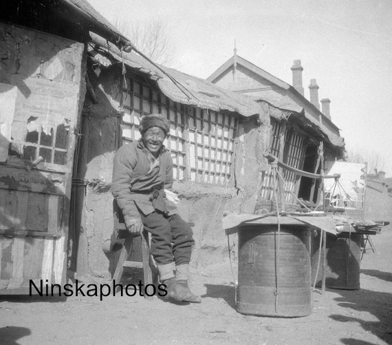 1920s Man at his stall in Nankow - China Antique Photo Reproduction - Vintage Photography - Black and White