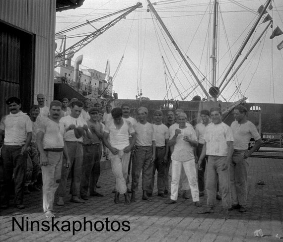 Group of Dock Workers at Santos Wharf, Brazil 1927 - Fine Art Antique Photo Print - Vintage Photo - 8684