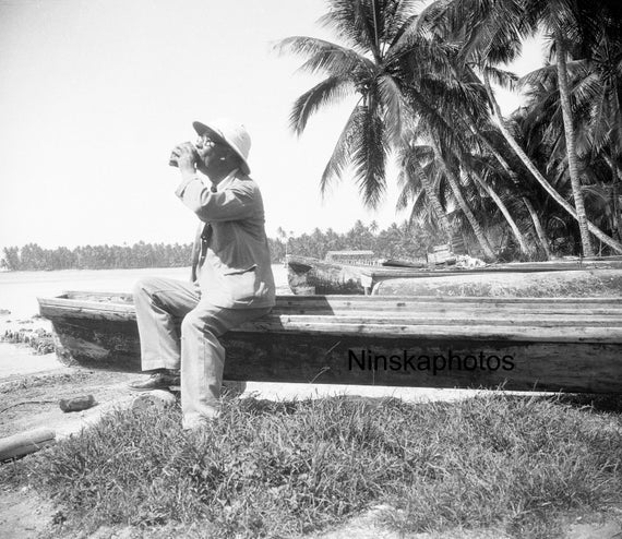 1920s St Ann's Bay Jamaica - Photographer drinking a green coconut - Antique Photo Reproduction - Vintage Photography - Black and White