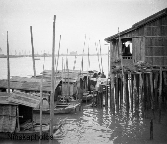 1920s Canton (Guangzhou) - Hut and Boats by the River - China Antique Photo Reproduction - Vintage Photography - Black and White