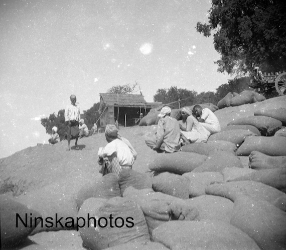 Bags of Peanuts on the shore in Magwe, on the Irrawaddy, Burma, Myanmar Vintage Photo Reproduction by James Dearden Holmes