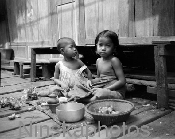 Children on quayside in Bangkok, Thailand by J. Dearden Holmes, 1920s antique photo reprint