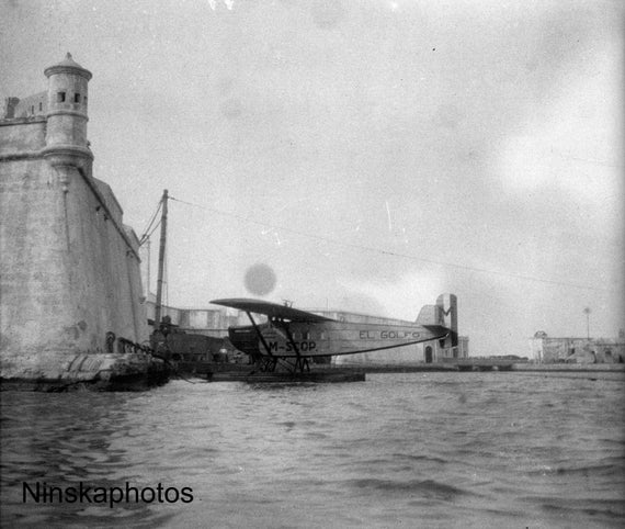 1920s Veracruz - Hydroplane by the Fort - Mexico Antique Photo Reproduction - Vintage Photography - Black and White