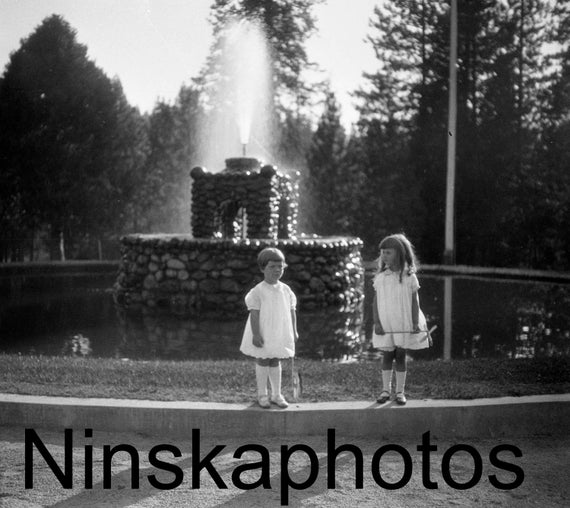Girls playing in fountain at Wanona Hotel in Wawona, Yosemite, California, United States, 1920s antique photo reprint