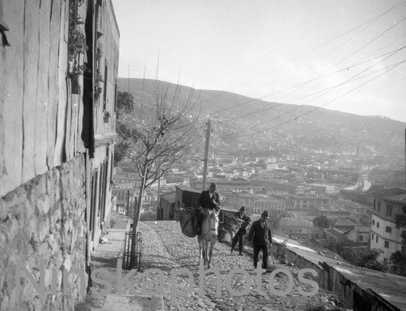 Street Scene & View of City, Valparaiso, Chile by J. Dearden Holmes, 1920s antique photo reprint - Available Framed