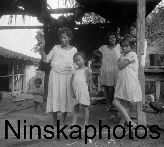 Amazon Riverside Dwelling, Family Photo, Between Monte Alegre and Manaos, Amazonas, Brazil by J. Dearden Holmes, 1920s antique photo reprint