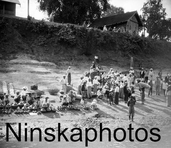 1920s Burma, Shwegu Beach on the Irrawaddy, Pottery for Sale, Myanmar, Burma by J. Dearden Holmes, Asia, 1920s antique photo reprint