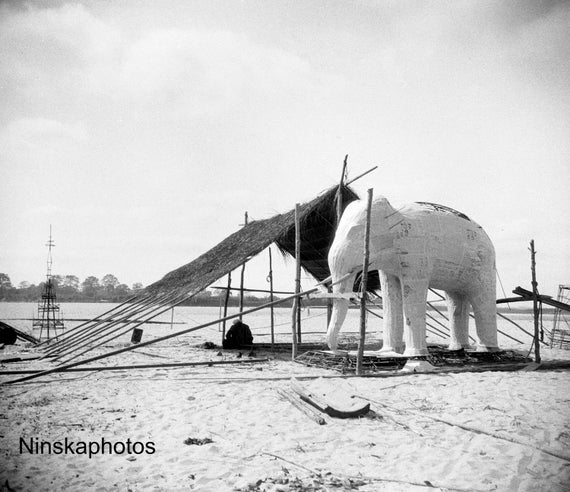 White Paper Mache Elephant Statue, Myanmar, Burma, Asia, 1920s antique photo reprint, Black and White, Wall Decor