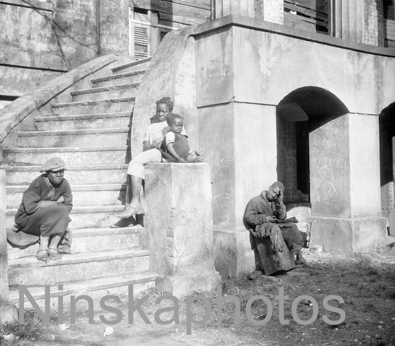 Sitting on the steps of the Old Hermitage Mansion in Savannah, Georgia, United States, 1920s antique photo reprint,  art photo, Americana
