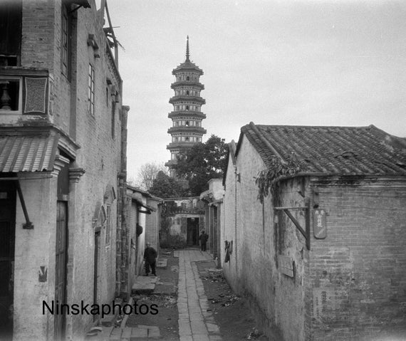 1920s Street Scene with Pagoda - Canton (Guangzhou) - China Antique Photo Reproduction - Vintage Photography - Black and White