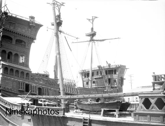 1920s Building Ship on Set for The Black Pirate Silent Film, Pickford Fairbanks Studio, Hollywood, California, 1920s antique photo reprint