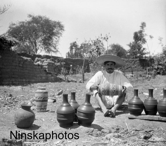 Man selling Pottery in Tlaquepaque, Guadalajara, Mexico 1927 - Fine Art Antique Photo Print - Vintage Photo - 7629