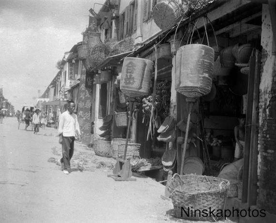 Rochore Road - Chinese Stores, Singapore - Vintage Photo Reproduction by James Dearden Holmes - Historical Photo - Rickshaw - Street Scene