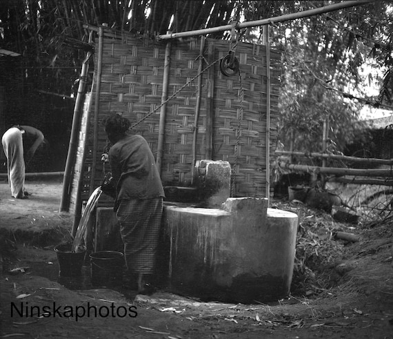 Village Market near Yogyakarta - Woman at Water Tank - Indonesia - 1925 - Fine Art Antique Photo Print - BNW - Vintage Photo - Photography