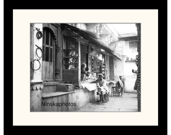 Market Stall in Benares and Smoking Shisha, Varanasi, India Vintage Photo Reproduction by James Dearden Holmes - Historical Photography