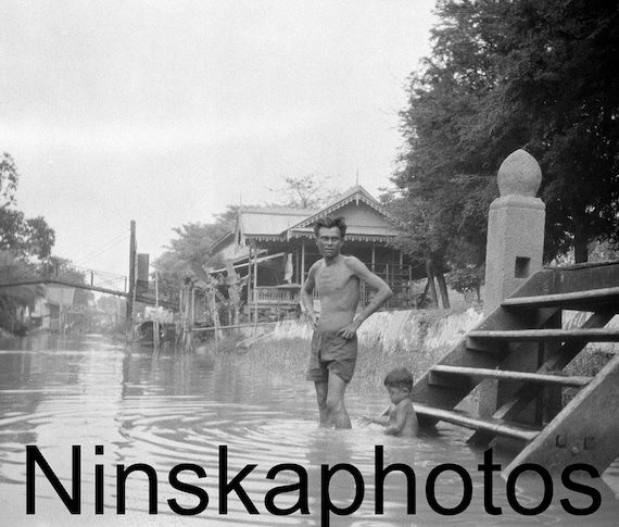 1920s Thailand, Bangkok Khlong, Father and Son,  by J. Dearden Holmes, 1920s antique photo reprint, Siam, Vintage Photo, Local History